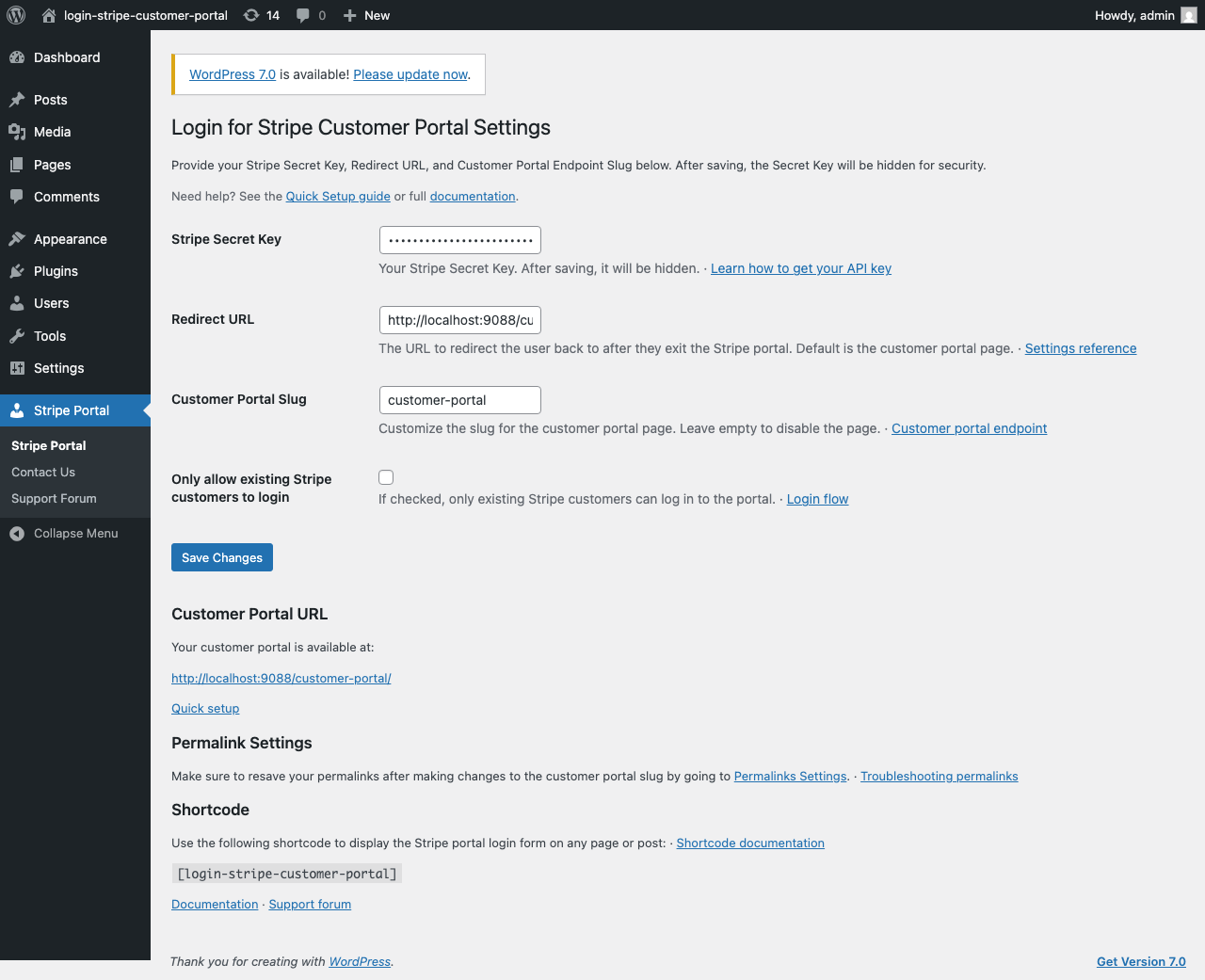 Plugin settings page in WordPress admin showing the Stripe API key field and Customer Portal slug